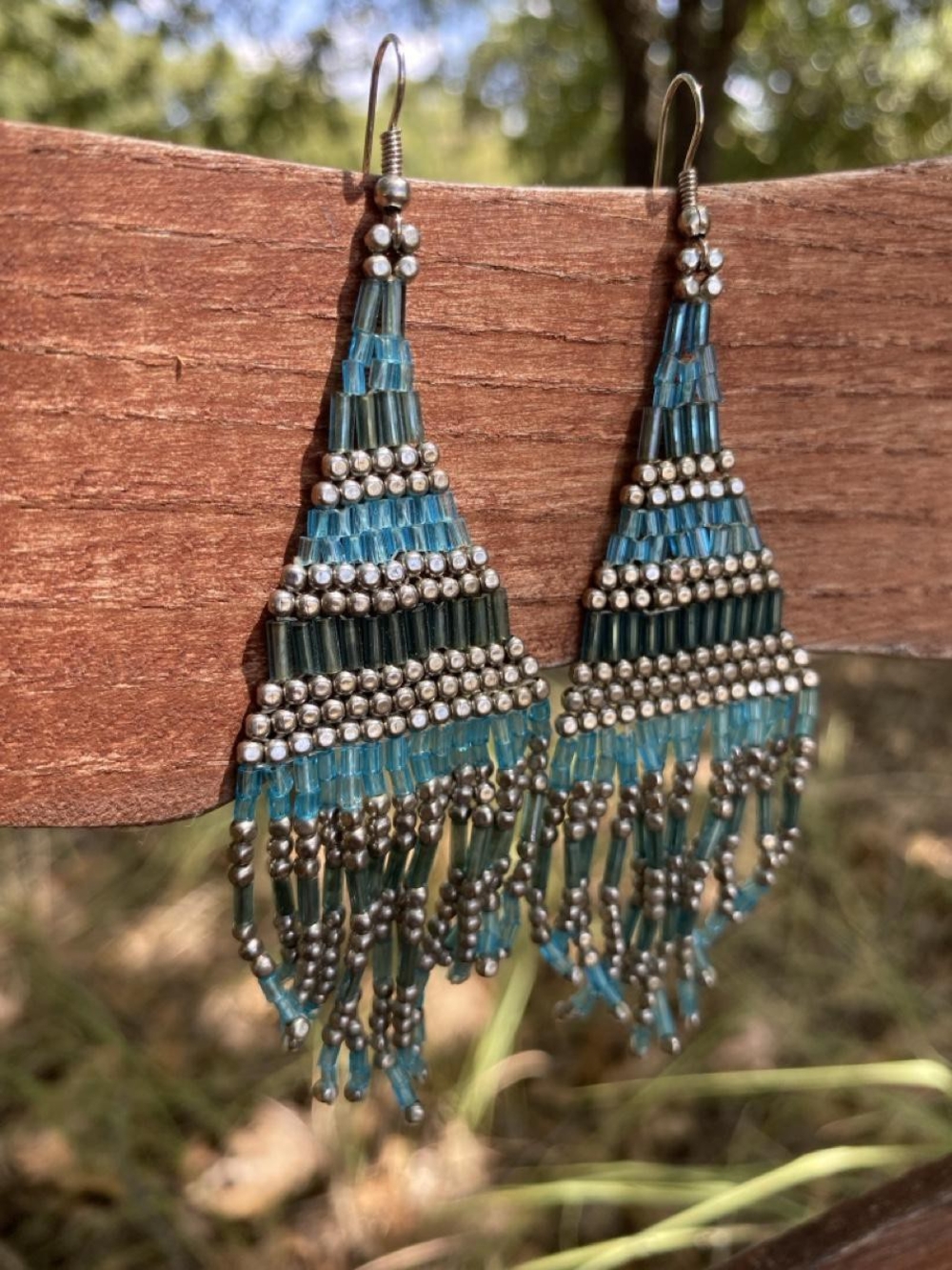 Boho Beaded Tassel Earrings Turquoise Teal Blue Silver Bugle Bead Western